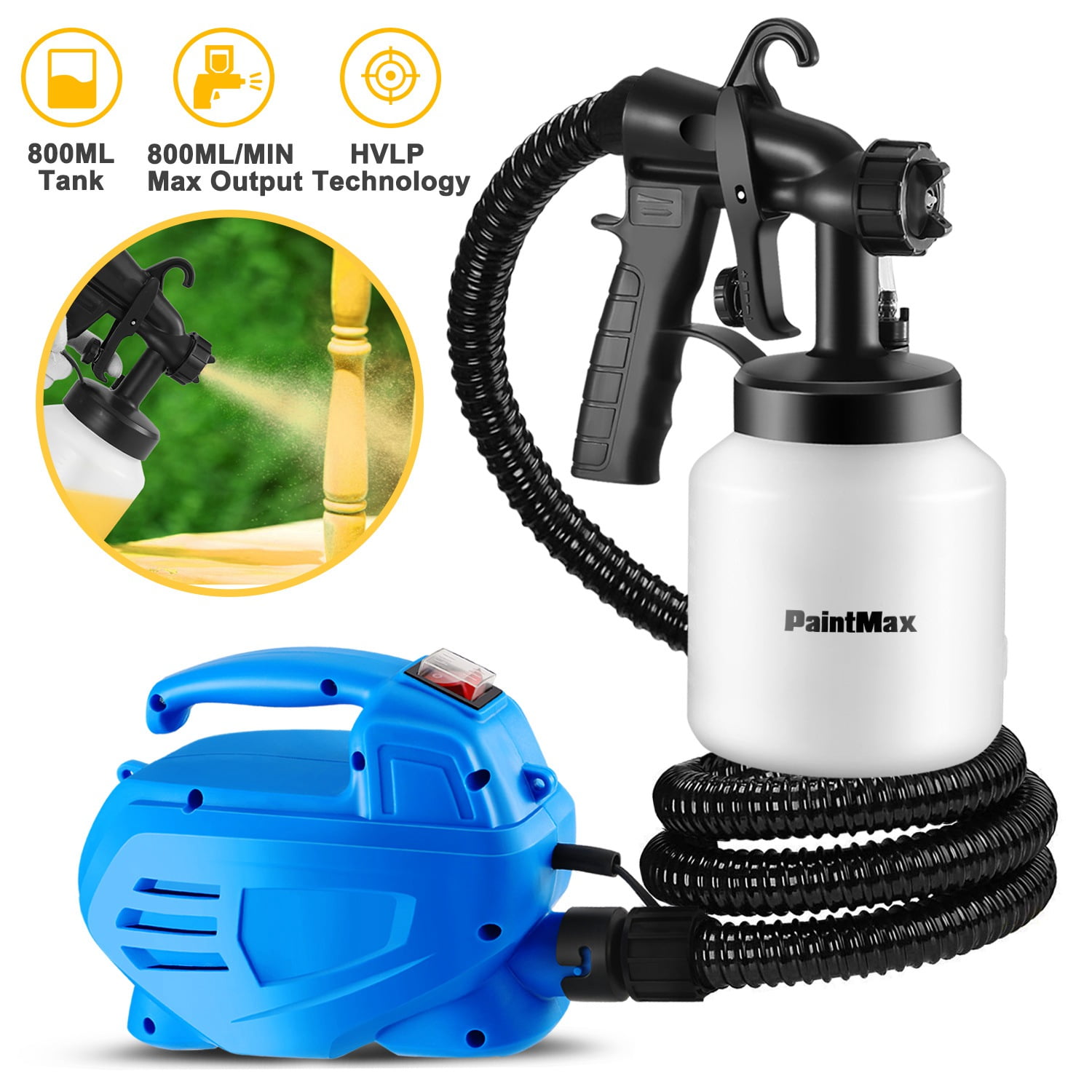 600W Paint Sprayer Gun, Doosl 800ml Electric Airless HVLP Paint Sprayer  with 3 Nozzles for Inside Outside 