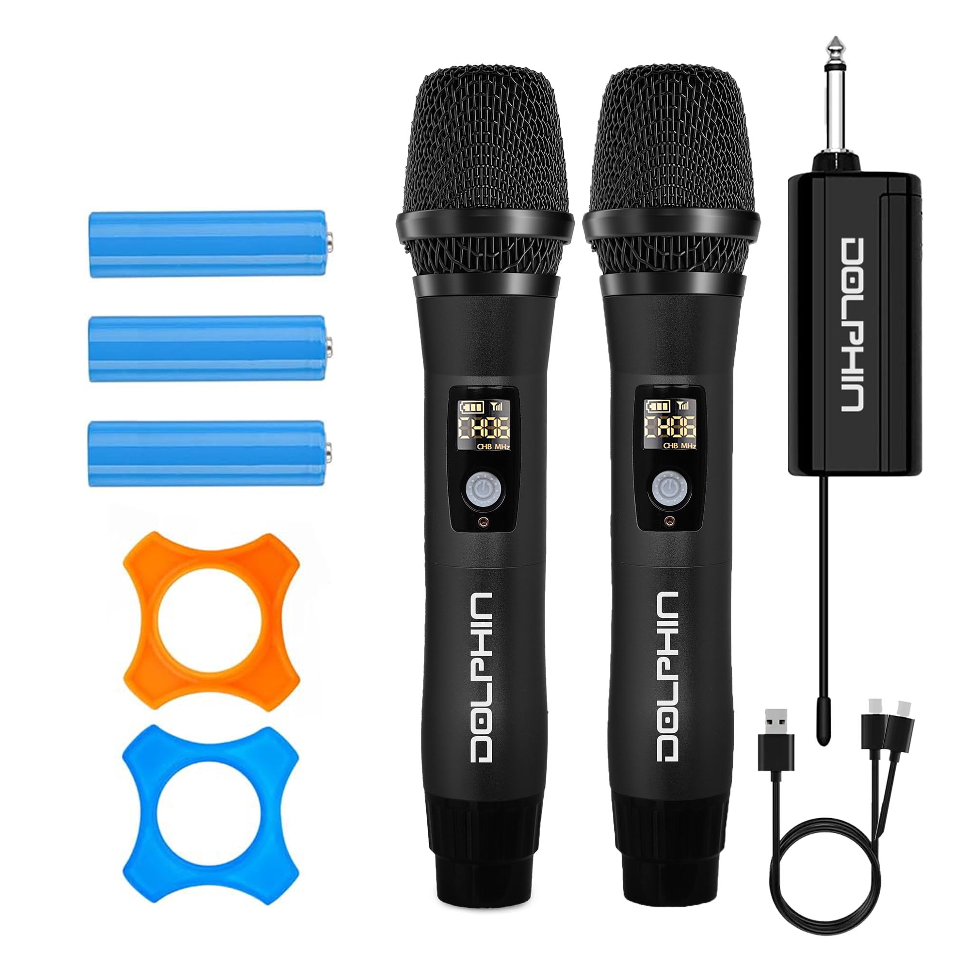 Dolphin MXC-20 VHF Dual Wireless Microphone System – Long Range, Rechargeable Battery, LED Display, Includes Receiver, AA & Lithium Batteries, Mic Clip & Cable