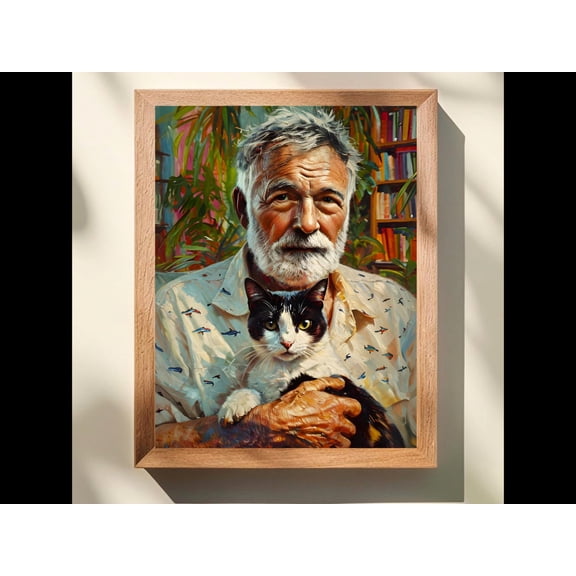 Ernest Hemingway Portrait With His Cat, Hemingway Cat, Hemingway House, Key West Decor, Tuxedo Cat Poster, Florida Keys, Unframed Poster Size 8x12