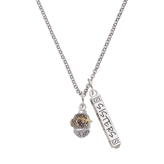 Delight Jewelry Goldtone Fairy on Silvertone Hatched Background Spinner Silvertone Sisters Best Friends Forever Bar Charm Necklace, 23"