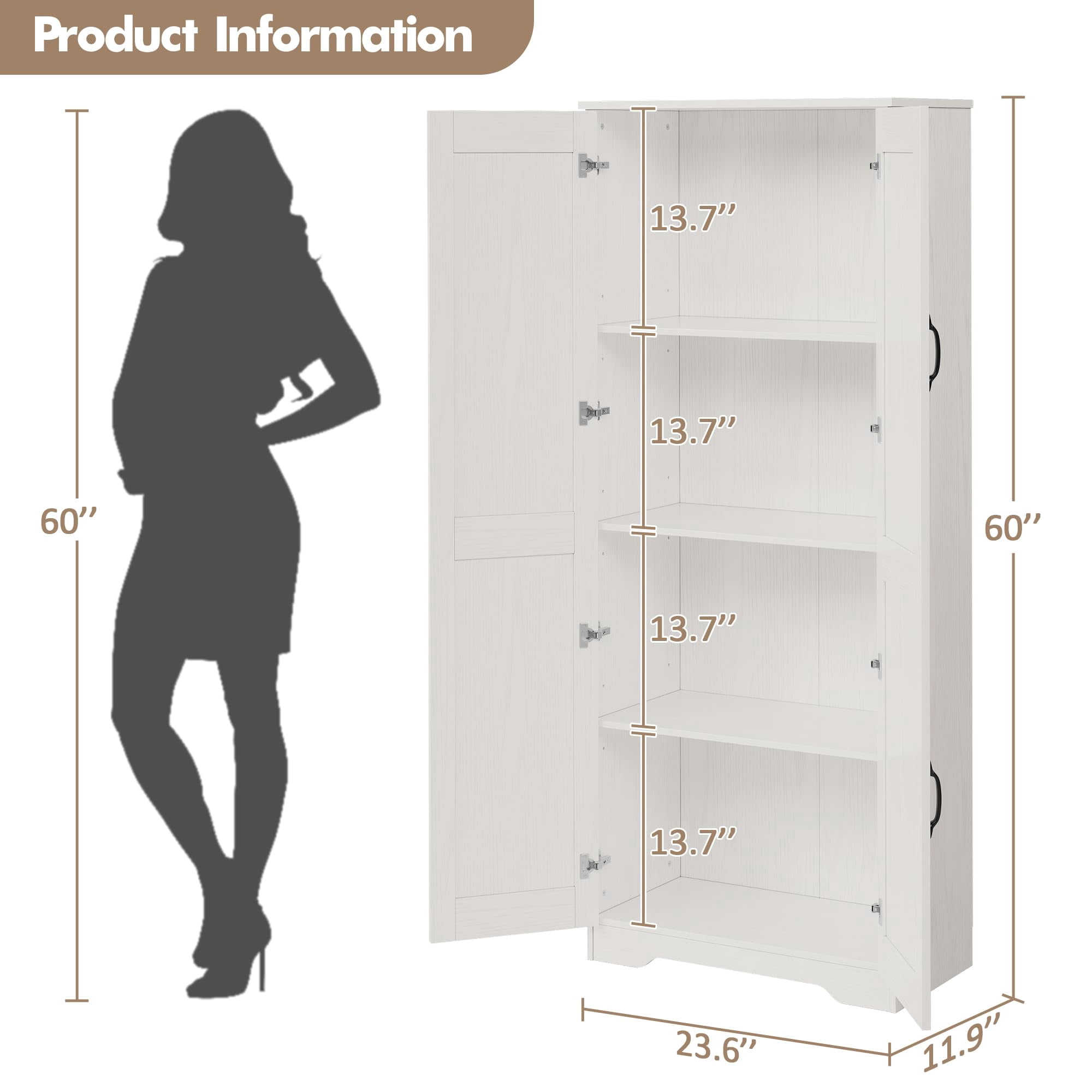 Juiluna Tall Pantry Cabinet, 60" Kitchen Pantry Storage Cabinet with 2 Doors and Adjustable Shelves, Freestanding Kitchen Cabinet, Cupboard for Dining Room, Bathroom, Reto White