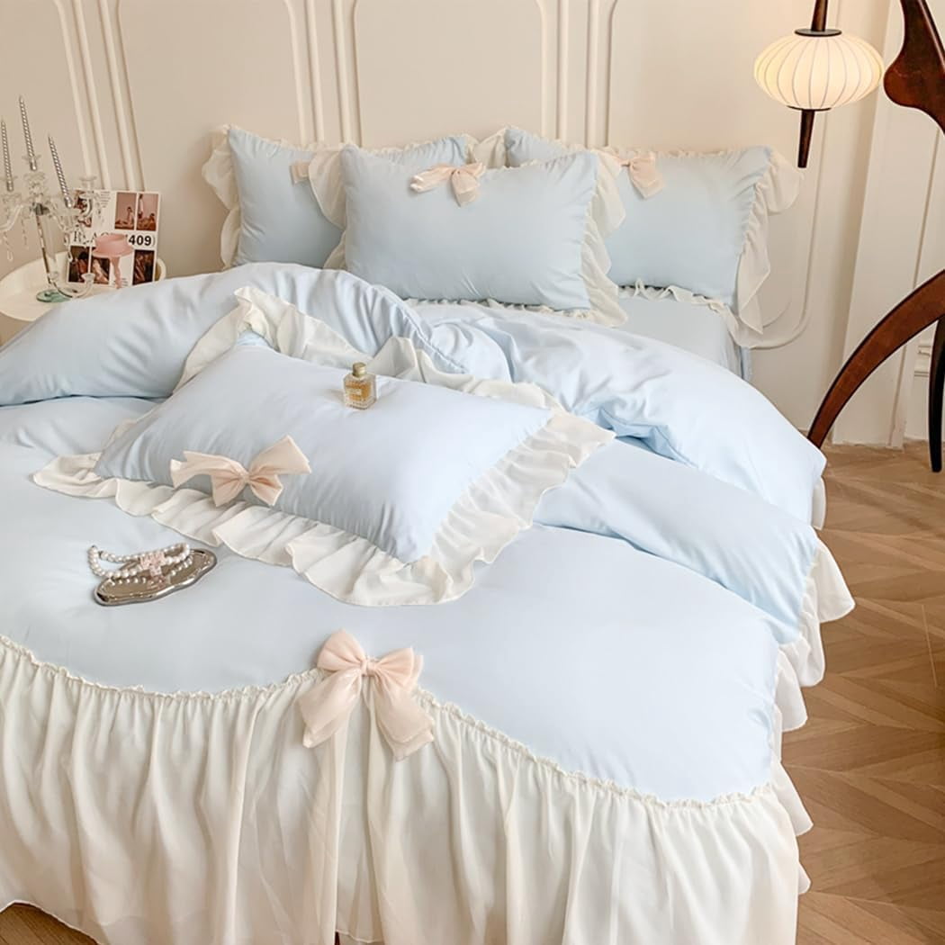 MOOWOO Ruffled Bedding Bow Duvet Cover Set with Butterfly Tie, Soft Brushed Microfiber Shabby Chic Bedding Set with Zipper Closure