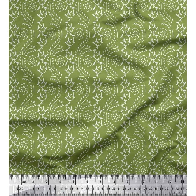 Soimoi Silk Fabric Leaves & Floral Block Print Sewing Fabric Yard 42 Inch Wide