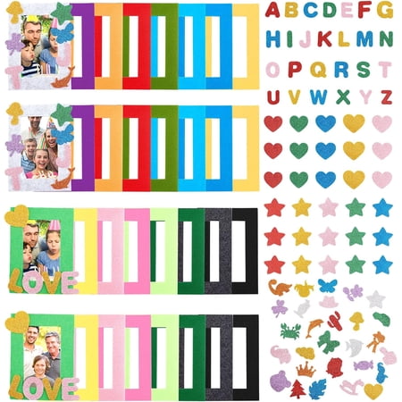 32Pcs 16 Colors Felt Photo Frames Picture Frames for Back to School Decoration with 84Pcs Glitter Self-Adhesive Stickers for Home School Office Decor 4 x 6Inch Photos