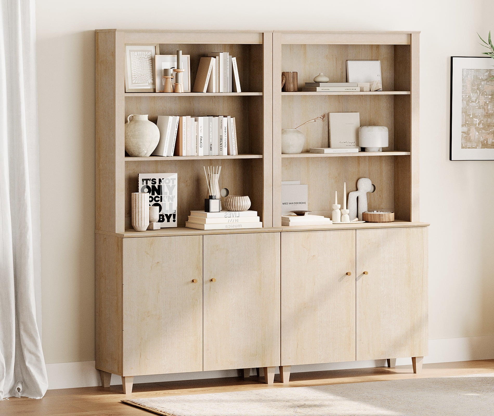 WAMPAT Modern 71" Tall Bookcase with Cabinets, 2 Column 5 Tiers,Light Oak