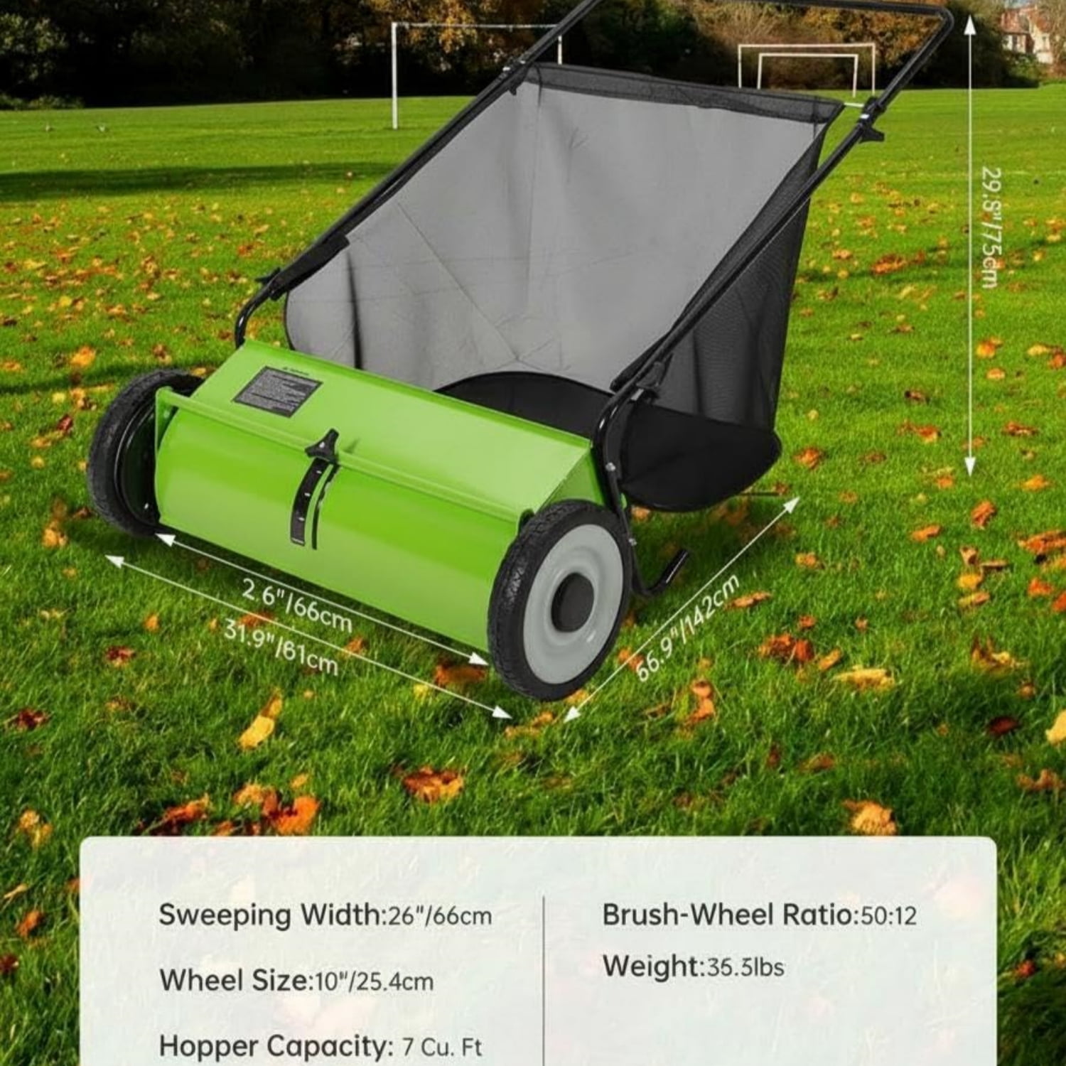 Riedhoff 26" Push Lawn Sweeper,4 Spinning Brushes, 7 Cu. Ft Capacity Collection Bag, Adjustable Height, Light Green