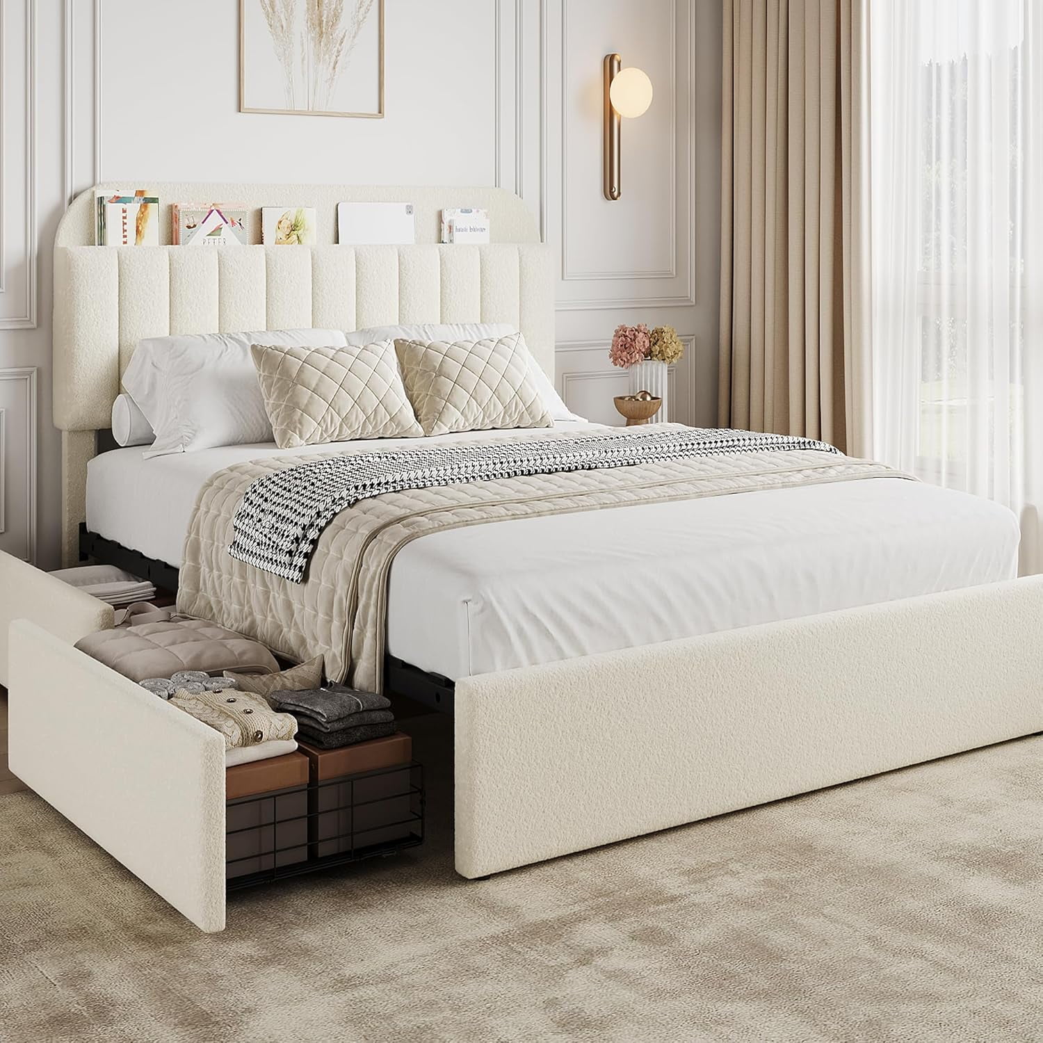 Huisuilinss Twin Size Bed Frame,Full Bed Frame With 2 Drawers,Storage Headboard,Boucle Upholstered Platform Bed Queen With Bookcase,Easy Assembly,No Box Spring Needed