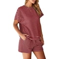 thumbnail image 2 of Womens 2 Piece Sets Summer Lounge Sets Striped Short Sleeve Oversized T Shirts Drawstring Shorts Matching Set, 2 of 7