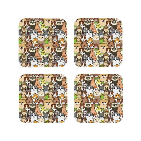 

Lukts Doodle Pet Animals Face Print Leather Drinks Coasters Set of 4 Suitable or Drinks Furniture Protection and Easy Clean up-Square