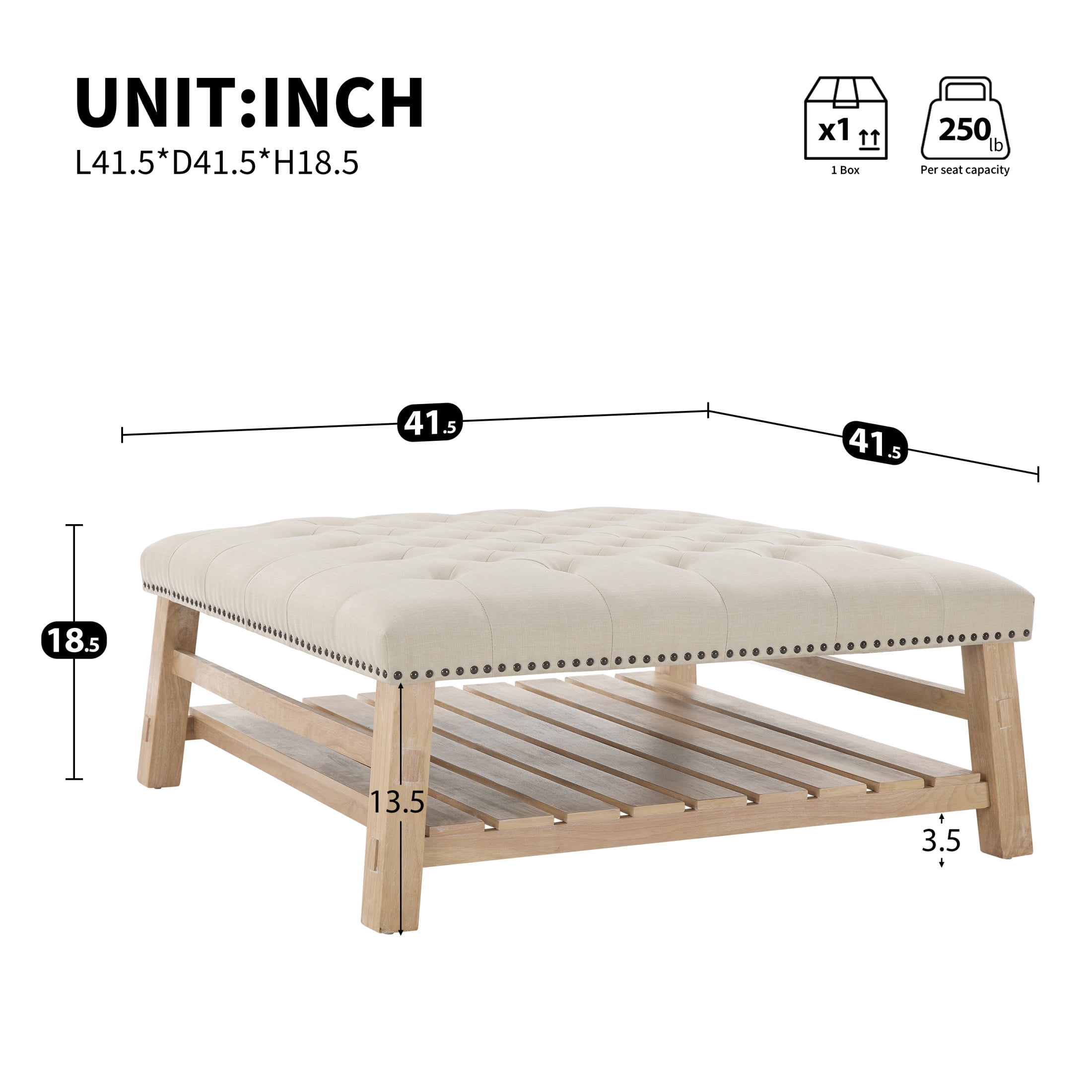 Noble House 41.5" Square Tufted Wooden Ottoman Coffee Table with Storage Shelf, Linen Upholstered Footstool, Beige