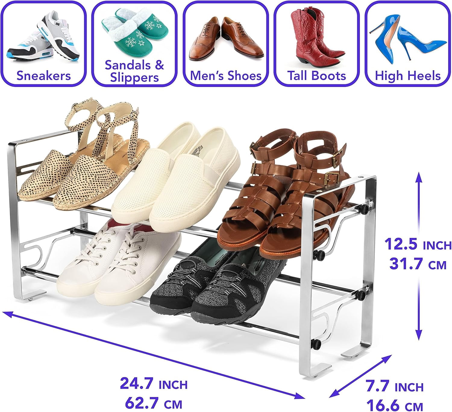 USTECH 2-Tier Metal Shoe Rack, Chrome Adjustable Shoe Storage Organizer with Slide-and-Adjust Shelves, Space-Saving Design, Easy Setup