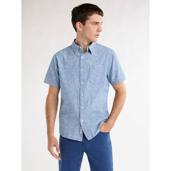 Free Assembly Men’s Print Cotton Chambray Shirt with Short Sleeves, Sizes S-3XL
