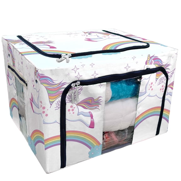 PKQWTM Unicorn Magic Fantasy Horse Storage Bag Clear Window Storage Bins Boxes Large Capacity Foldable Stackable Organizer With Steel Metal Frame For Bedding,Clothes,Closets, Bedrooms