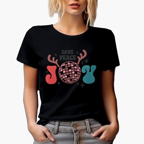 Love Peace Joy & Reindeer Antlers Art, Christmas Merch Gift, Black T-Shirt, Small