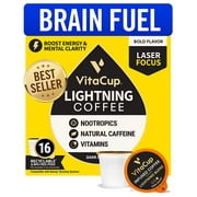 VitaCup Lightning Dark Roast Coffee Pods with 2X Caffeine, Nootropics and Vitamin B1, B5, B6, B9, B12, D3 Brain Booster in Single Serve Pod Compatible with K-Cup Brewers Including Keurig 2.0, 16 Count