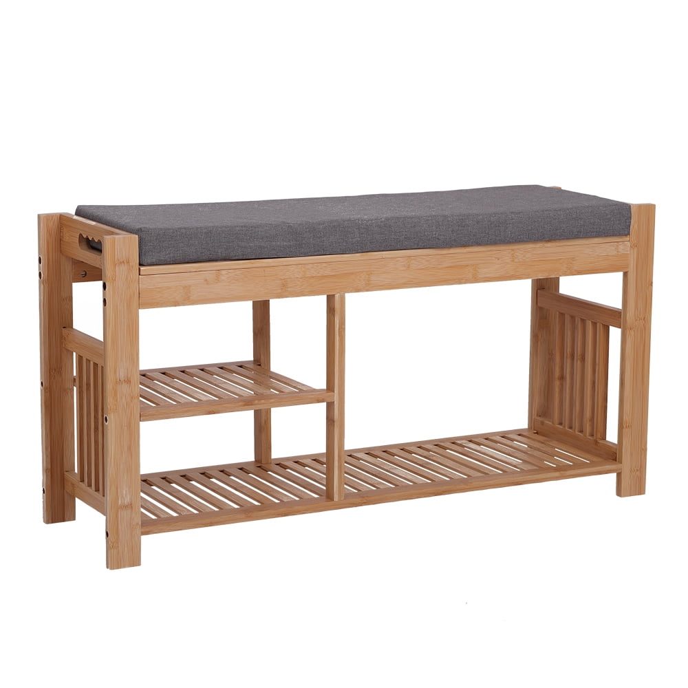 Lowestbest 100% Bamboo Shoe Stool With Cushion, Three-Layer Entrance Bench With Shoe Rack for Bedroom Entryway Bathroom etc, Wood Color