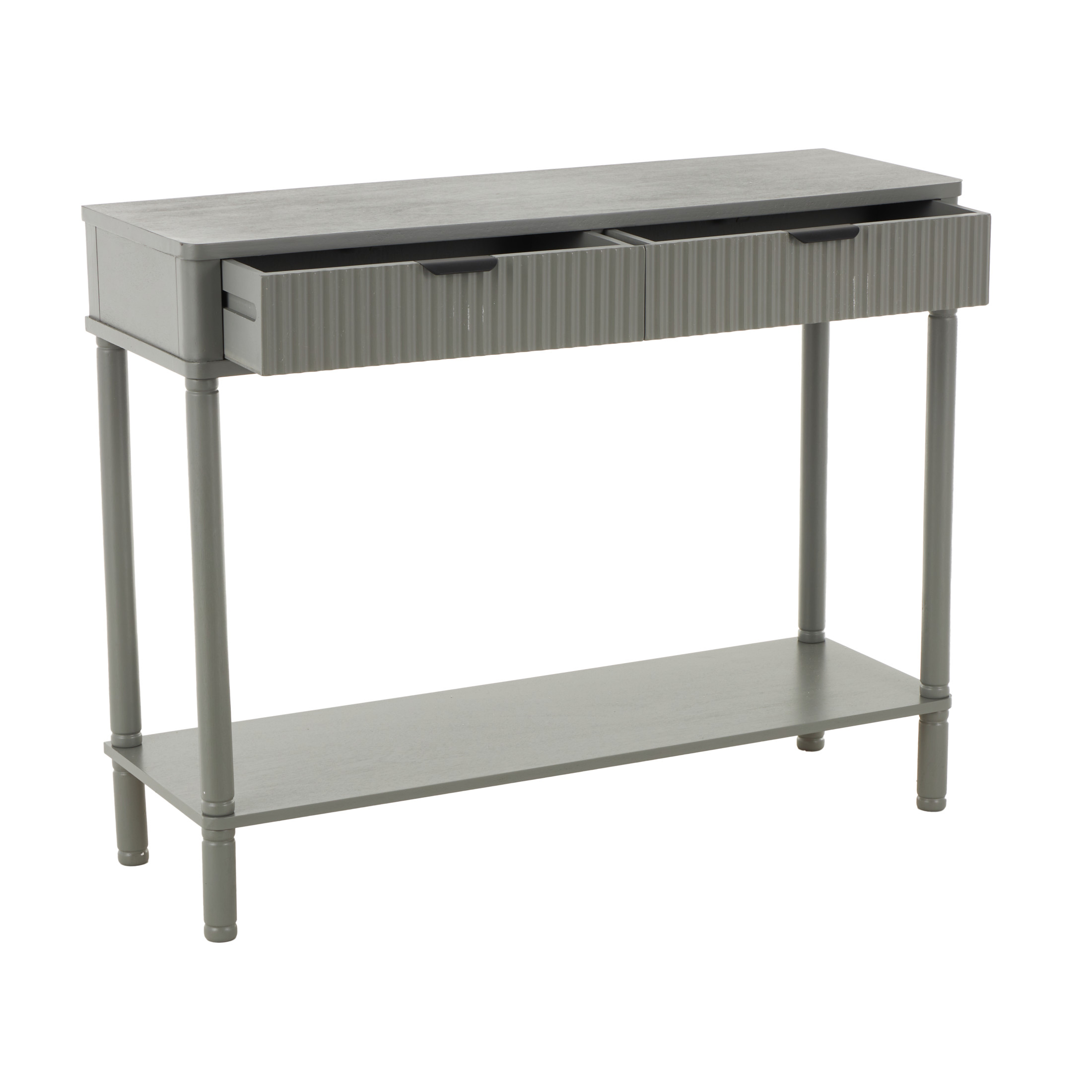 DecMode 36" x 28" Gray Wood Handmade 2 Drawer Console Table with Black Handle and Ribbed Front, 1-Piece