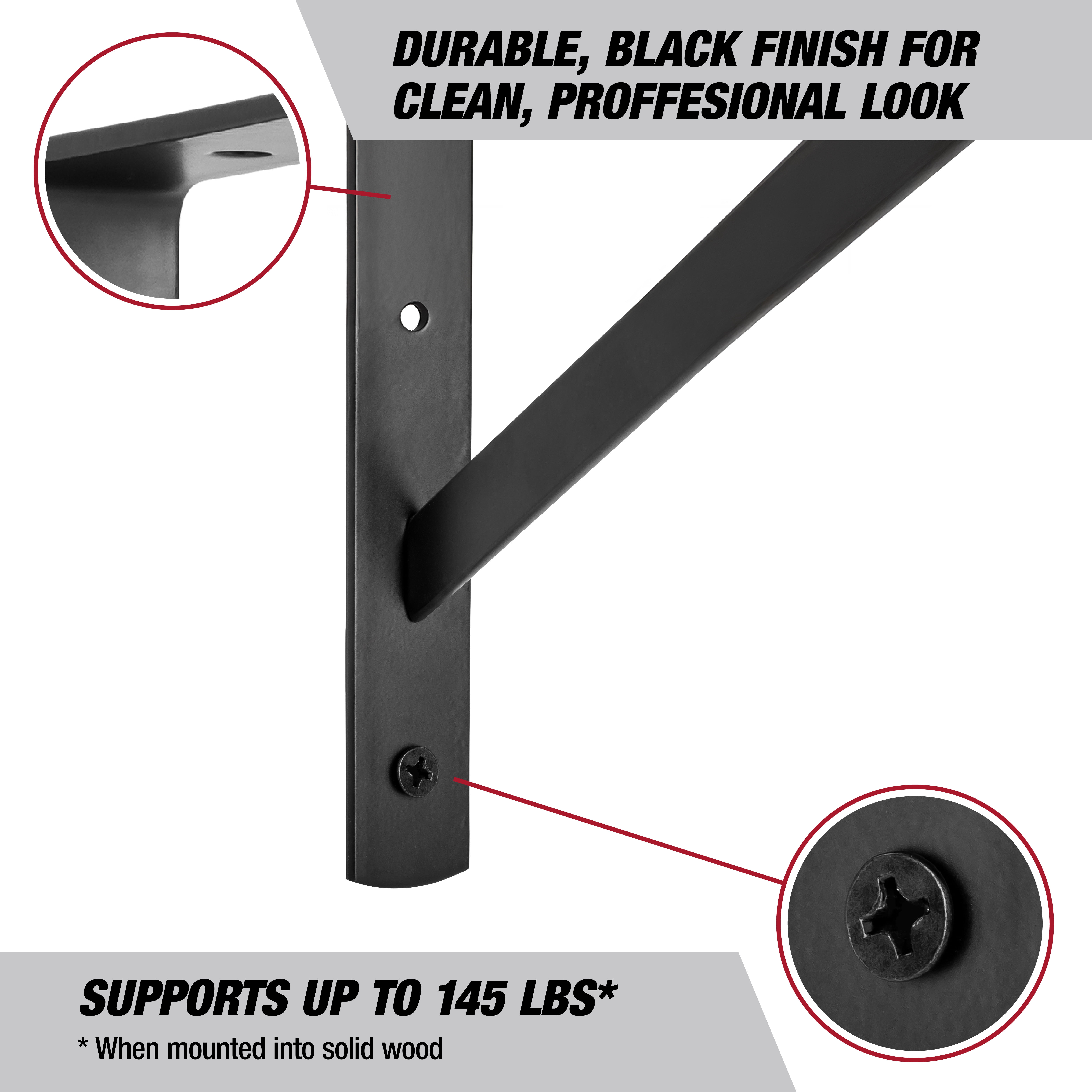 Hyper Tough Heavy Duty Shelf Bracket, Steel, 12 inch, Black, 2-Pack