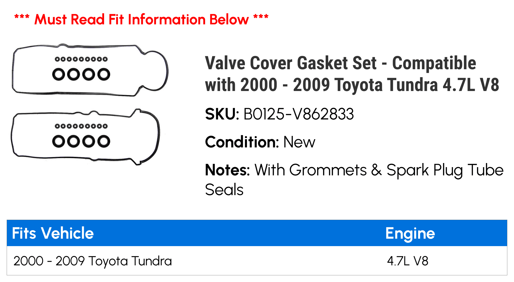 Valve Cover Gasket Set - Compatible with 2000 - 2009 Toyota Tundra 4.7L V8 2001 2002 2003 2004 2005 2006 2007 2008