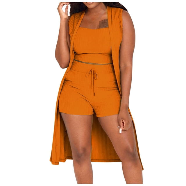 2025 Conjunto de 3 piezas para mujer: abrigo sin mangas acanalado, chaleco y pantalones cortos, color liso, ropa informal/de fiesta, tallas S-XXL