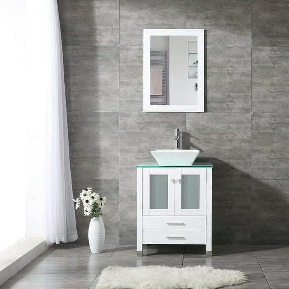 Wonline 24" Bathroom Vanity Cabinet Ceramic Sink Faucet Drain Combo w/ Mirror Set White