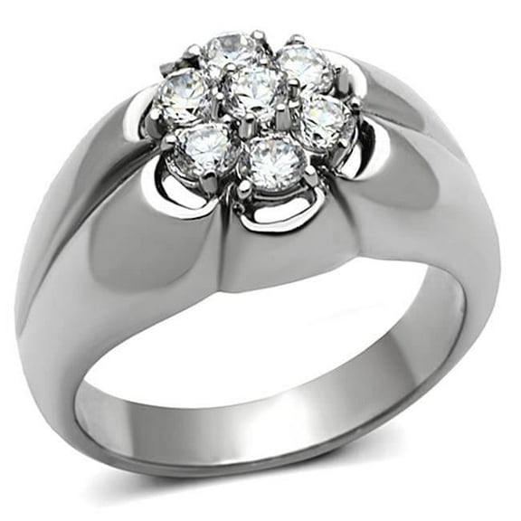 Men High Polished Stainless Steel Ring with AAA Grade CZ in Clear - Size 11