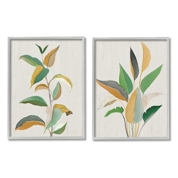 Stupell Industries Modern Split Plant Leaves Botanical & Floral Painting Gray Framed Art Print Wall Art, 24 x 30, Set of 2