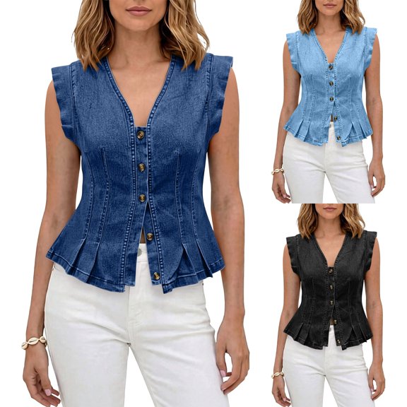 Women's Boho V Neck Sleeveless Ruffle Denim Tank Tops Vintage Corset Vest Button Down Peplum Hem Shirts Casual Streetwear Y2K Tops Light Blue