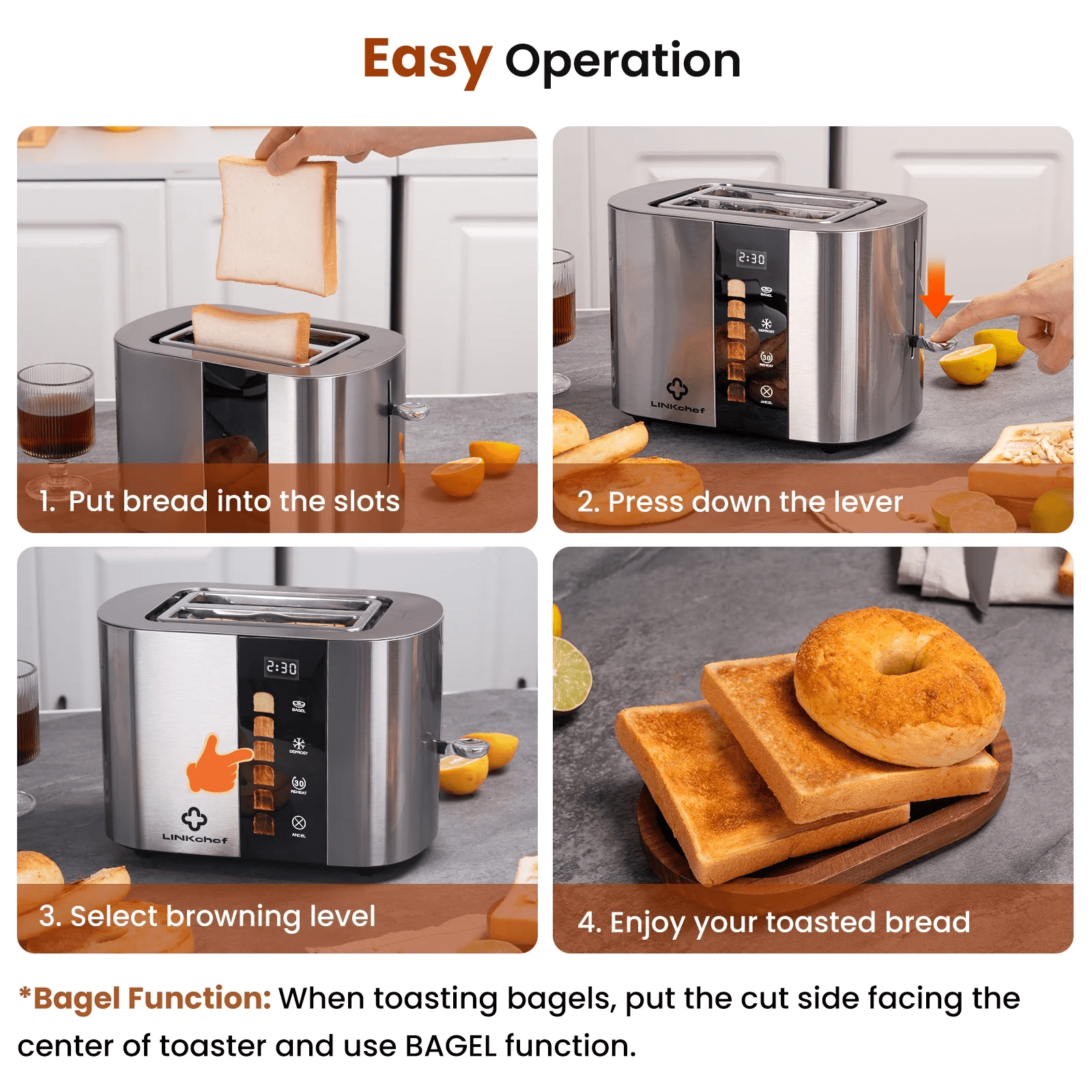 Touch Screen 2-Slice Toaster, Stainless Steel, 6 Shade Settings, Timer Countdown