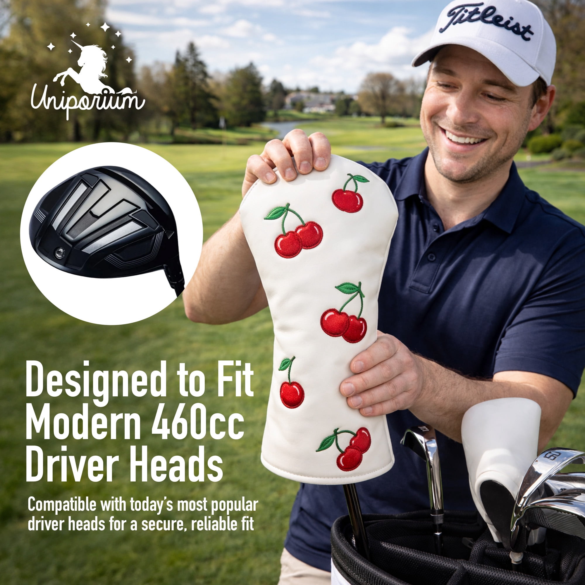 Uniporium Cherry Novelty Head Cover – Premium PU Leather Golf Driver Headcover with Embroidered Details, Designed for Modern 460cc Drivers, and a Fun Golf Accessory and Gift