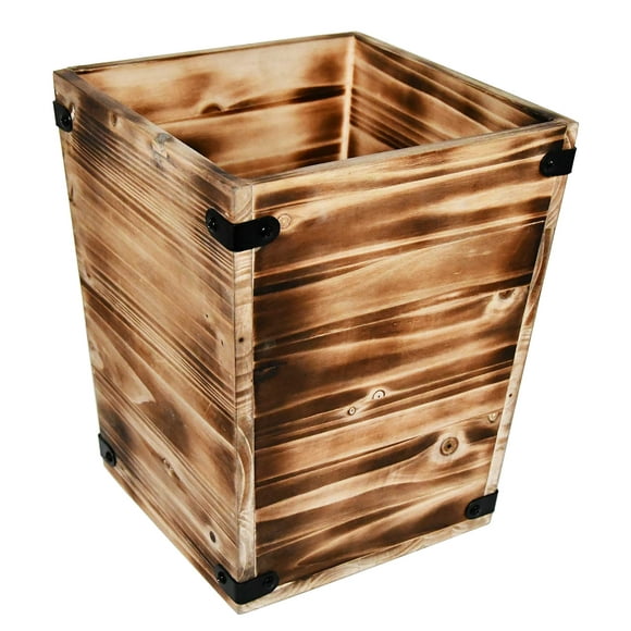 Owlgift Decorative Rustic Burnt Wood Trash Can Farmhouse Stylish Wooden Waste Basket Near Desk Square Garbage Cans Trashcan with Metal Brackets for Office Bedroom & Bathroom