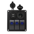 thumbnail image 1 of 12-24V DC 3-Position Blue LED Backlit Waterproof Switch Panel with Dual USB Charger (4.8A) & Power Socket, ABS/PC/PBT Flame Retardant, IP66 Rated for Marine Boats, RVs, Yachts, Buses - Controls, 1 of 6