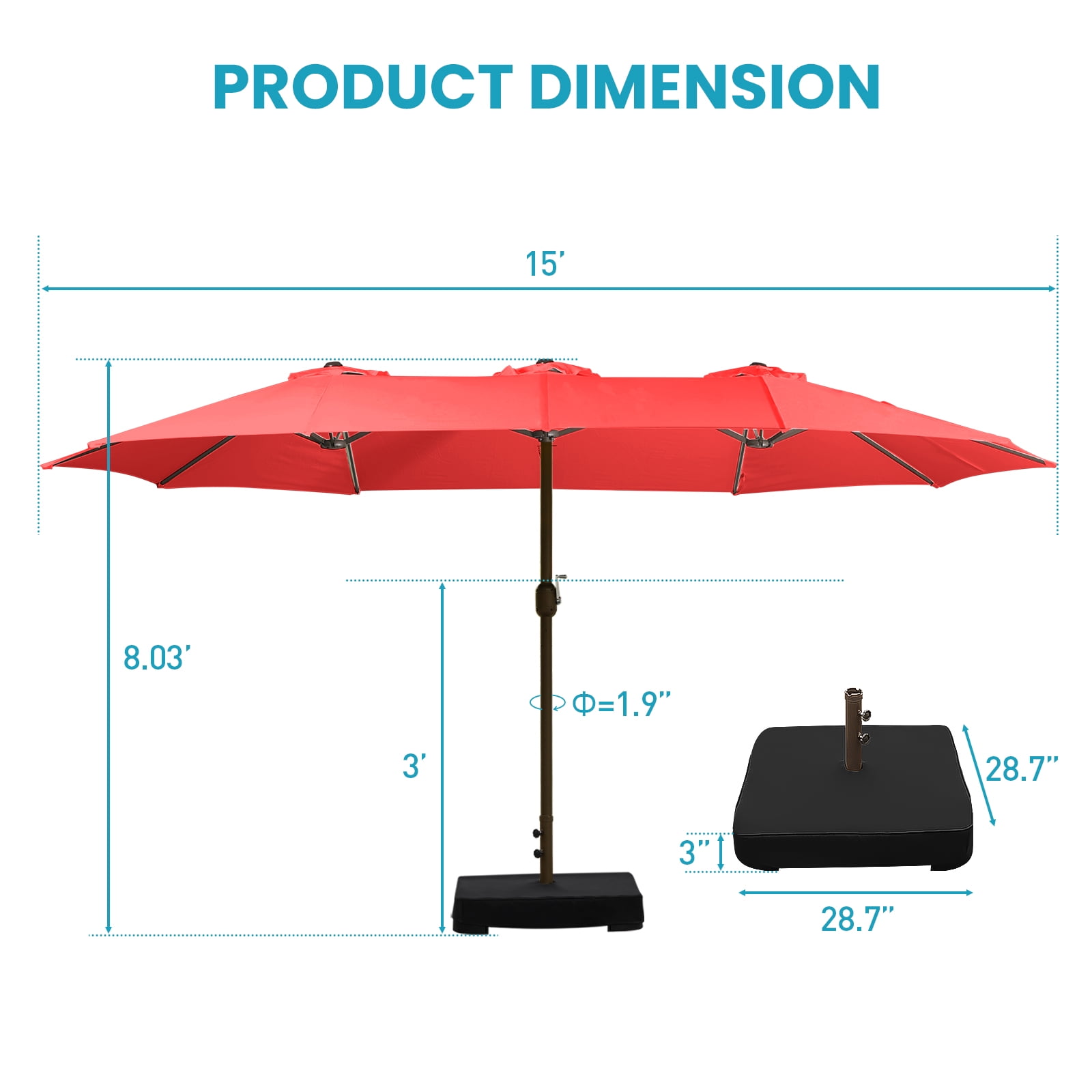 Aoodor 15ft Large Patio Umbrella with Base Stand, Outdoor Double-Sided Rectangle Umbrella - Red
