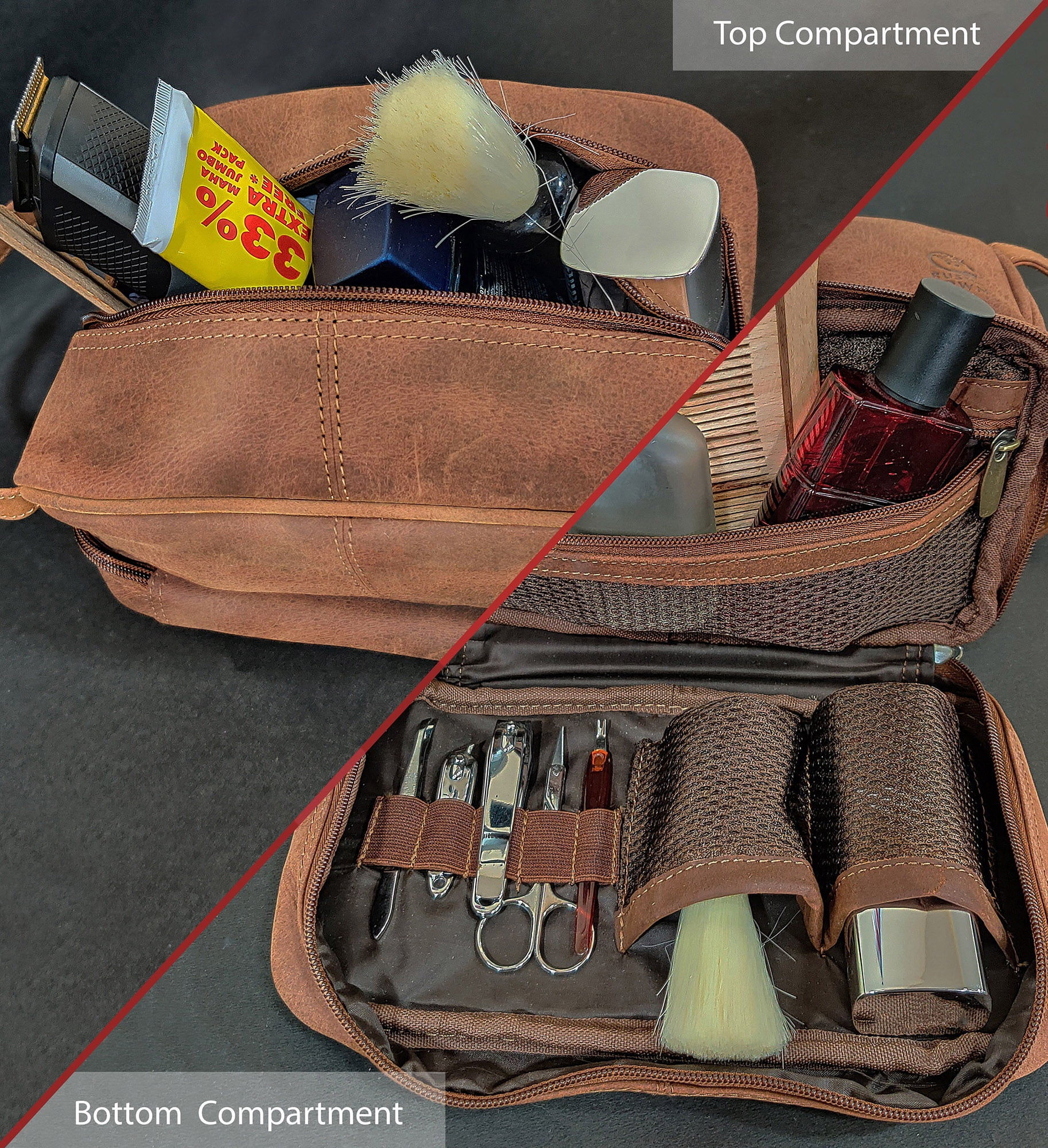 Leather Toiletry Bag Shaving Dopp Kit Travel Case Cosmetic Toiletries Organizer Makeup Bag for Men & Women by Rustic Town