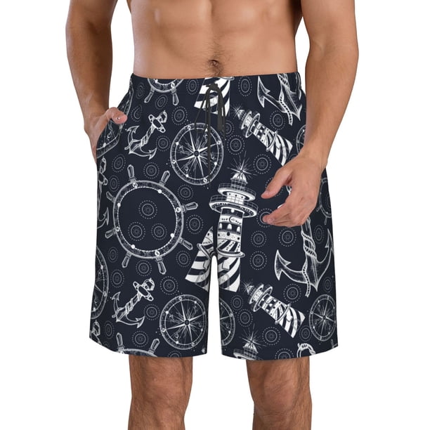 Balery Anchor and Lighthouse Traje de Baño Estilo Hawaiano para Hombre, Shorts de Secado Rápido con Bolsillos-Large