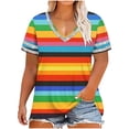 thumbnail image 2 of Mifsaly Plus Size V Neck Short Sleeve Tops for Women Summer Casual Oversized Top Abstract Stripe Glitter Trim T Shirts Comfortable Daily Wear Loose Blouse S, 2 of 6