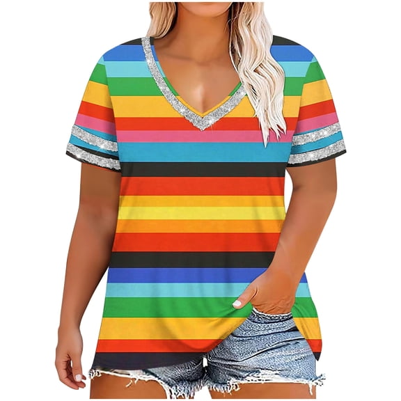 Enjoytime Short Sleeve Shirts for Women Summer Striped V-Neck Blouses Fashion Casual Plus Size Tops