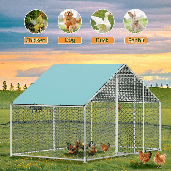 Large Chicken Coop With Metal Mesh, Metal Coop For 6 Chickens Heavy-Duty Patio Coop With Safety Lock And Waterproof Cover