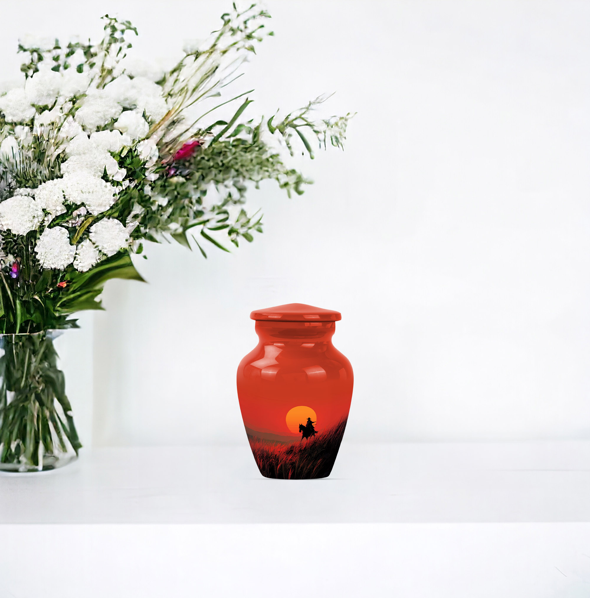 Sunset Cowboy Memorial Keepsake Urns For Ashes, Large Decorative Cremation Urns For Human Ashes Mom & Dad, Cremation Urns For Adult Women Ashes (Size-10 inch 1 Pc, 3 Inch 1pcs)