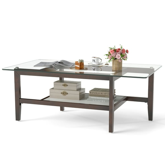 Gymax 2-Tier Glass Coffee Table w/ Storage Shelf Solid Rubber Wood Legs for Office