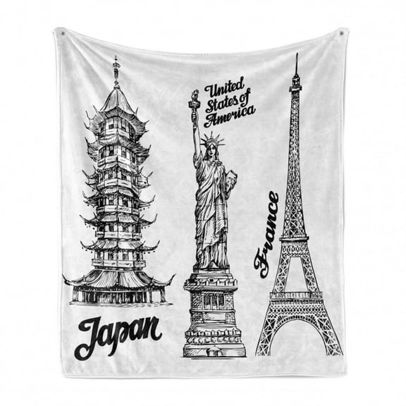 Eiffel Tower Soft Flannel Fleece Throw Blanket, Famous Monuments of Liberty Eiffel Tower Japanese Building Urban, Cozy Plush for Indoor and Outdoor Use, 50" x 70", White Black, by Ambesonne