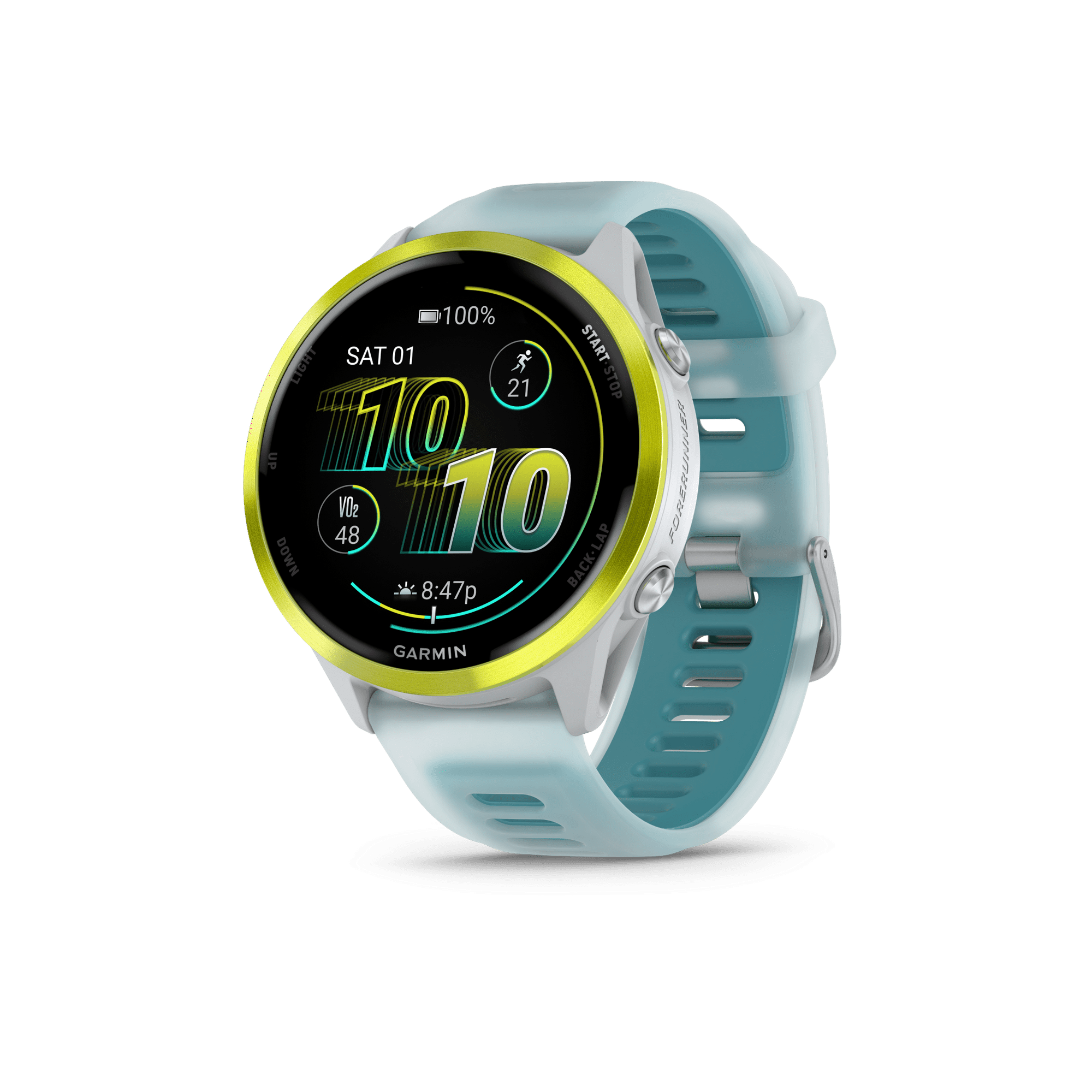 Garmin Forerunner 570, 47mm, Advanced GPS Running and Triathlon Smartwatch, AMOLED Display, Training and Recovery Features, Amp Yellow Aluminum with Translucent Whitestone/Turquoise Band