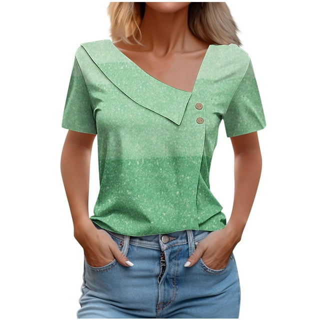 FAIWAD Women Summer Tops Short Sleeve Irregular V Neck Button T-Shirts Geometric Color Block Print Tees Blouses