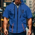thumbnail image 2 of Men's Casual Short Sleeve Sweatshirt, Loose Breathable Solid Color Jacket with Multiple Pockets and Zipper for Sports and Summer Outings,Blue,L, 2 of 5