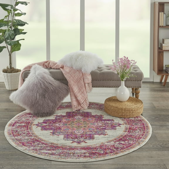 Nourison Passion Persian Ivory/Fuchsia 5'3" x ROUND Area Rug, (5 Round)