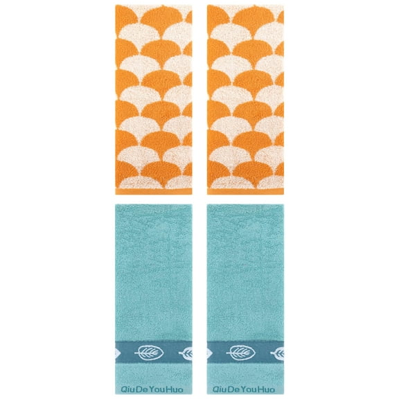 Unique Bargains 4 Pcs Soft Geometric and Leaves Hand Towel Set 13" x 29" Orange/Lake Blue