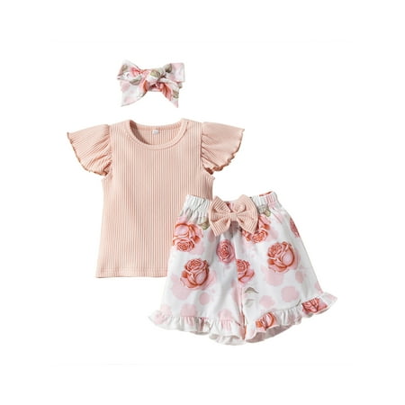 

Thaisu Baby Girl 3Pcs Set Solid Color Short-sleeved Rib Tops +Floral Print Elasticated Shorts +Headband