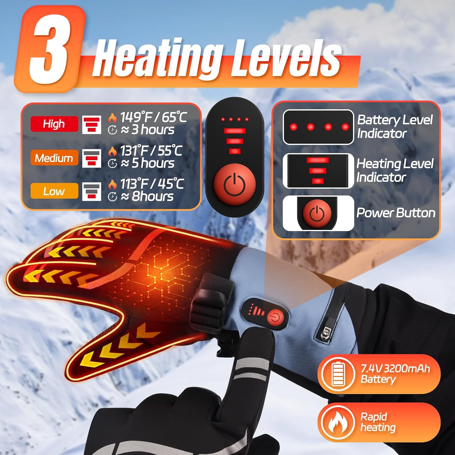 Heated Gloves for Women Men, 3 Heating Levels Hand Warmers Rechargeable with Touchscreen, 7.4V/3200mAh Battery Windproof & Waterproof Electric Winter Gloves for Motorcycle Ski Camping