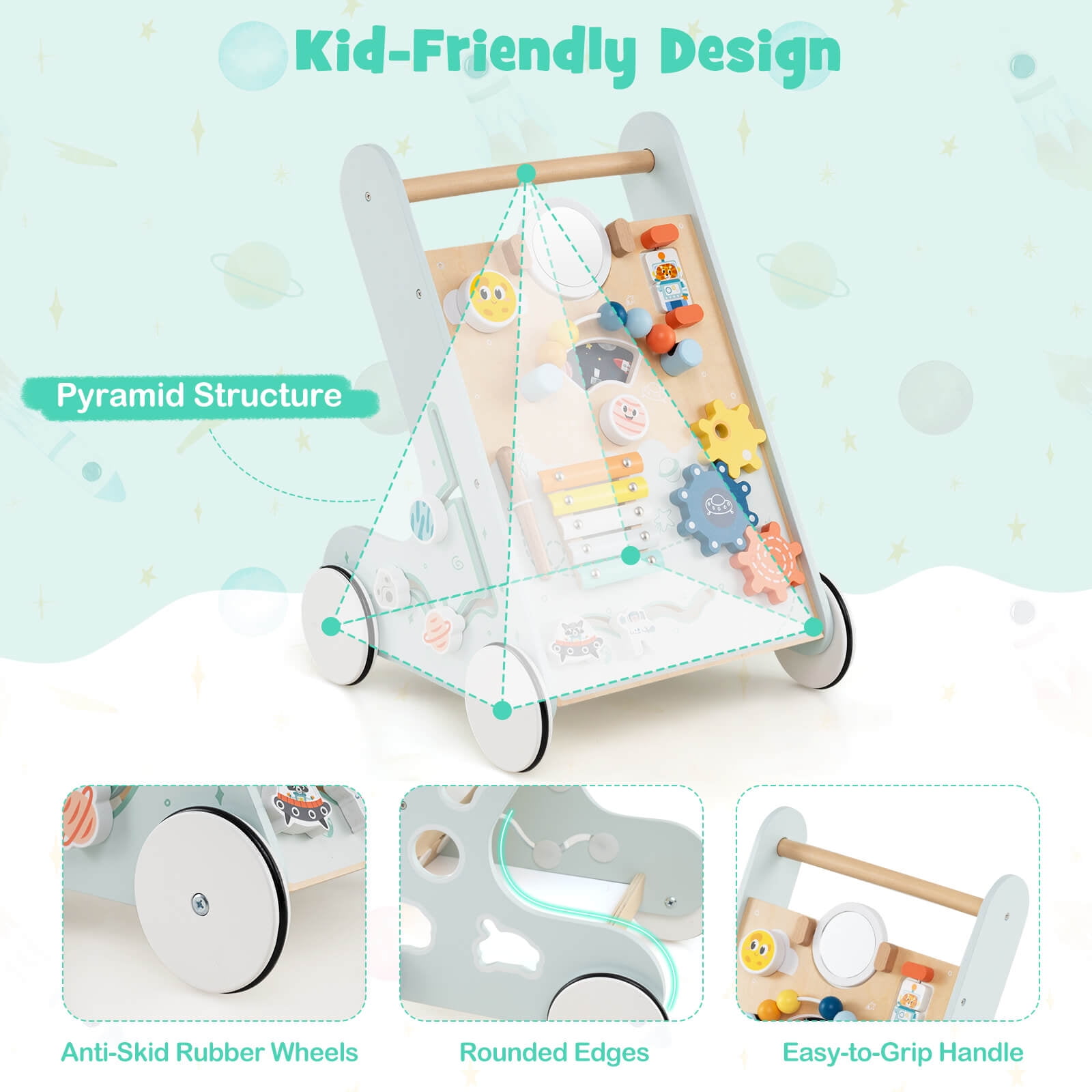 Infans Wooden Baby Walker Push and Pull Learning Activity Center with Wheels Push Toy