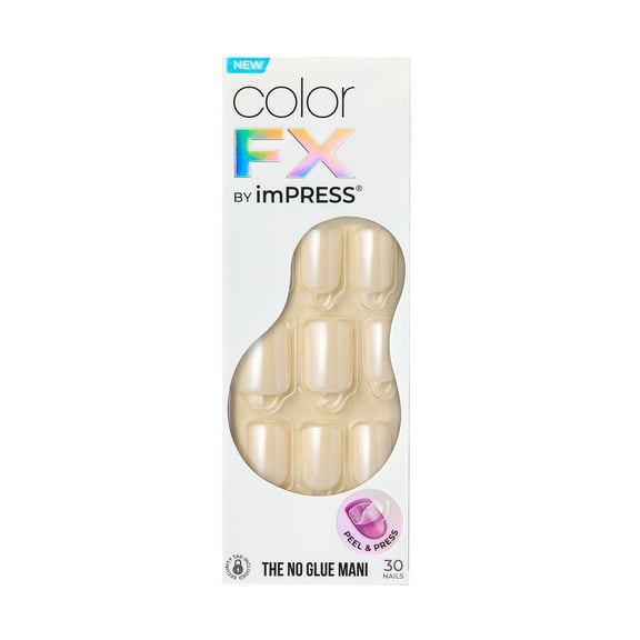 KISS imPRESS No Glue Needed Press On Nails, Color FX, Invincible, Beige, Short Squoval, 30 Count